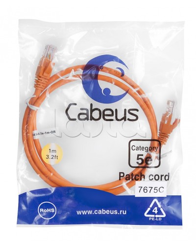 Патч-корд UTP, категория 5e, 1 м, неэкранированный, оранжевый Cabeus PC-UTP-RJ45-Cat.5e-1m-OR в Кемерово Патчкорды (медные) Pintop.ru