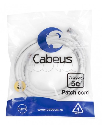 Патч-корд UTP, категория 5e, 3 м, неэкранированный, белый Cabeus PC-UTP-RJ45-Cat.5e-3m-WH в Кемерово Патчкорды (медные) Pintop.ru