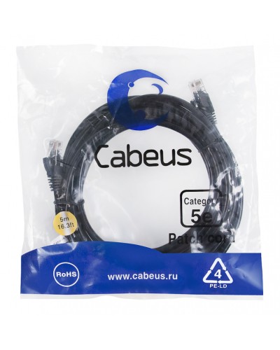 Патч-корд UTP, категория 5e, 5 м, неэкранированный, черный Cabeus PC-UTP-RJ45-Cat.5e-5m-BK в Кемерово Патчкорды (медные) Pintop.ru