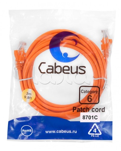 Патч-корд UTP, категория 6, 3 м, неэкранированный, оранжевый Cabeus PC-UTP-RJ45-Cat.6-3m-OR в Кемерово Патчкорды (медные) Pintop.ru