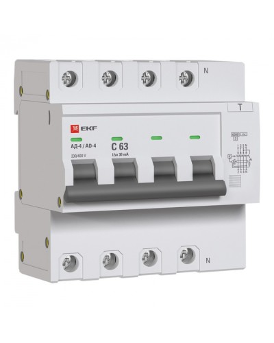 Дифференциальный автомат АД-4 63А/ 30мА (хар. C, AC, электронный) 6кА EKF PROxima (DA4-6-63-30-pro) в Кемерово Электротехническое оборудование Pintop.ru