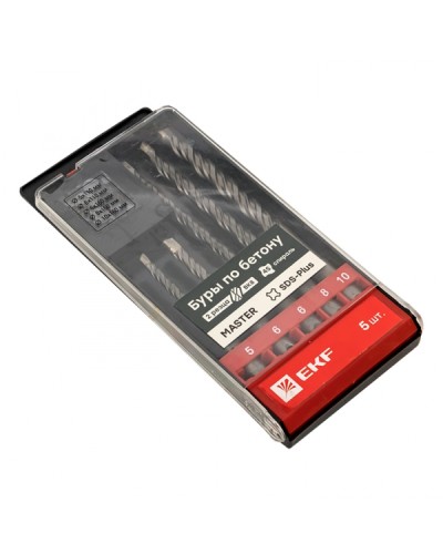 Набор буров по бетону SDS-plus (5/110, 6/110, 6/160, 8/160, 10/160) 2 резца 4S спираль EKF Master (db-h5-2x4) в Кемерово Аксессуары для кабель-канала Pintop.ru