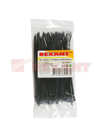 Хомут-стяжка нейлоновый 3х150 мм чёрный (100шт/уп) REXANT 07-0151 в Кемерово Стяжки-хомуты Pintop.ru
