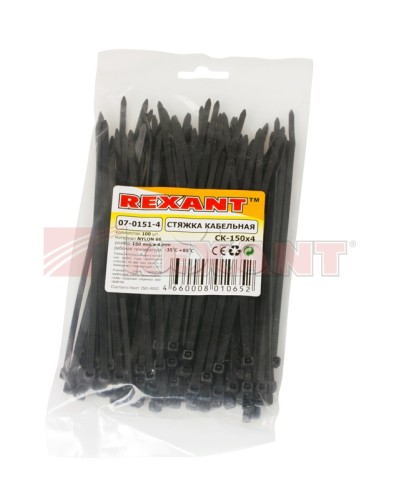 Хомут-стяжка нейлоновый 4х150 мм чёрный (100шт/уп) REXANT 07-0151-4 в Кемерово Стяжки-хомуты Pintop.ru